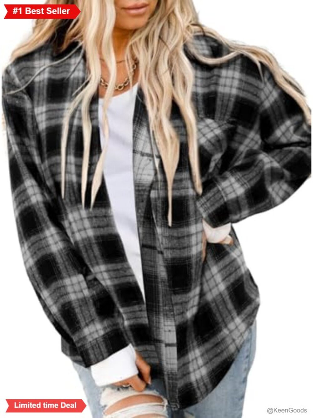 Womens Buffalo Plaid Flannel Shirt Button Down Curved Hem Tunic Top